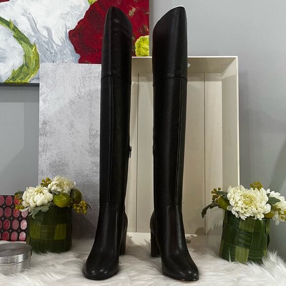 NEW Via Spiga Pebbled Leather Over The Knee OTK Chunky Heel Almond Boots 5.5 NIB - Picture 3 of 16